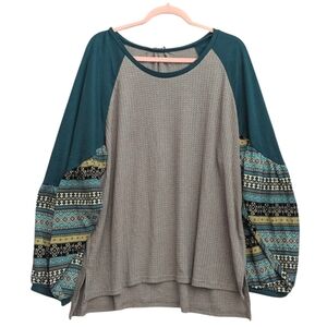 Umgee Gray waffle Knit Top Blue Floral Balloon Sleeves Women's Size 1XL
